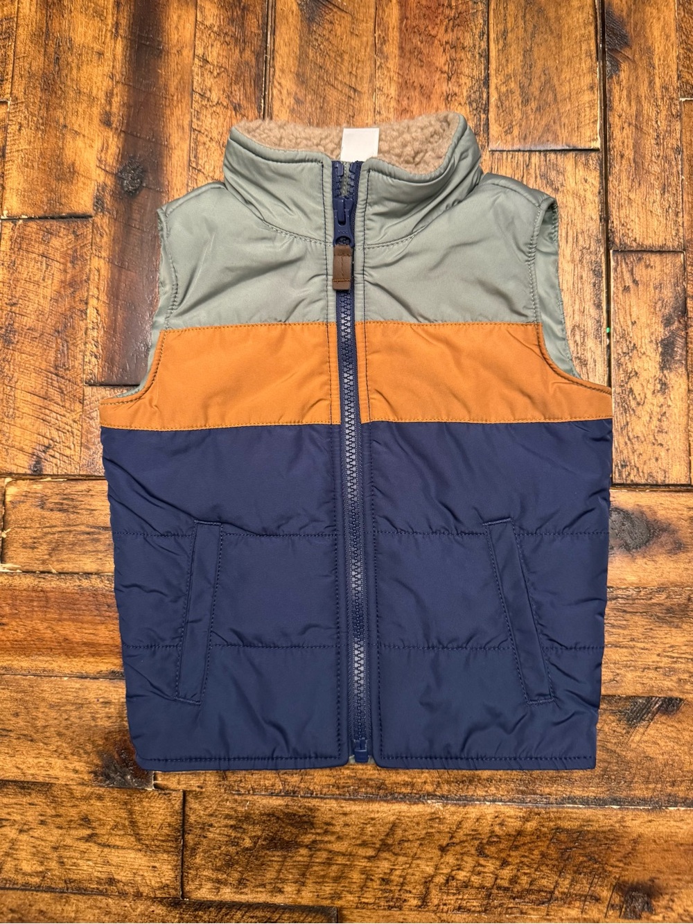Carter's Colorblock Puffer Vest in Navy, Tan & Olive